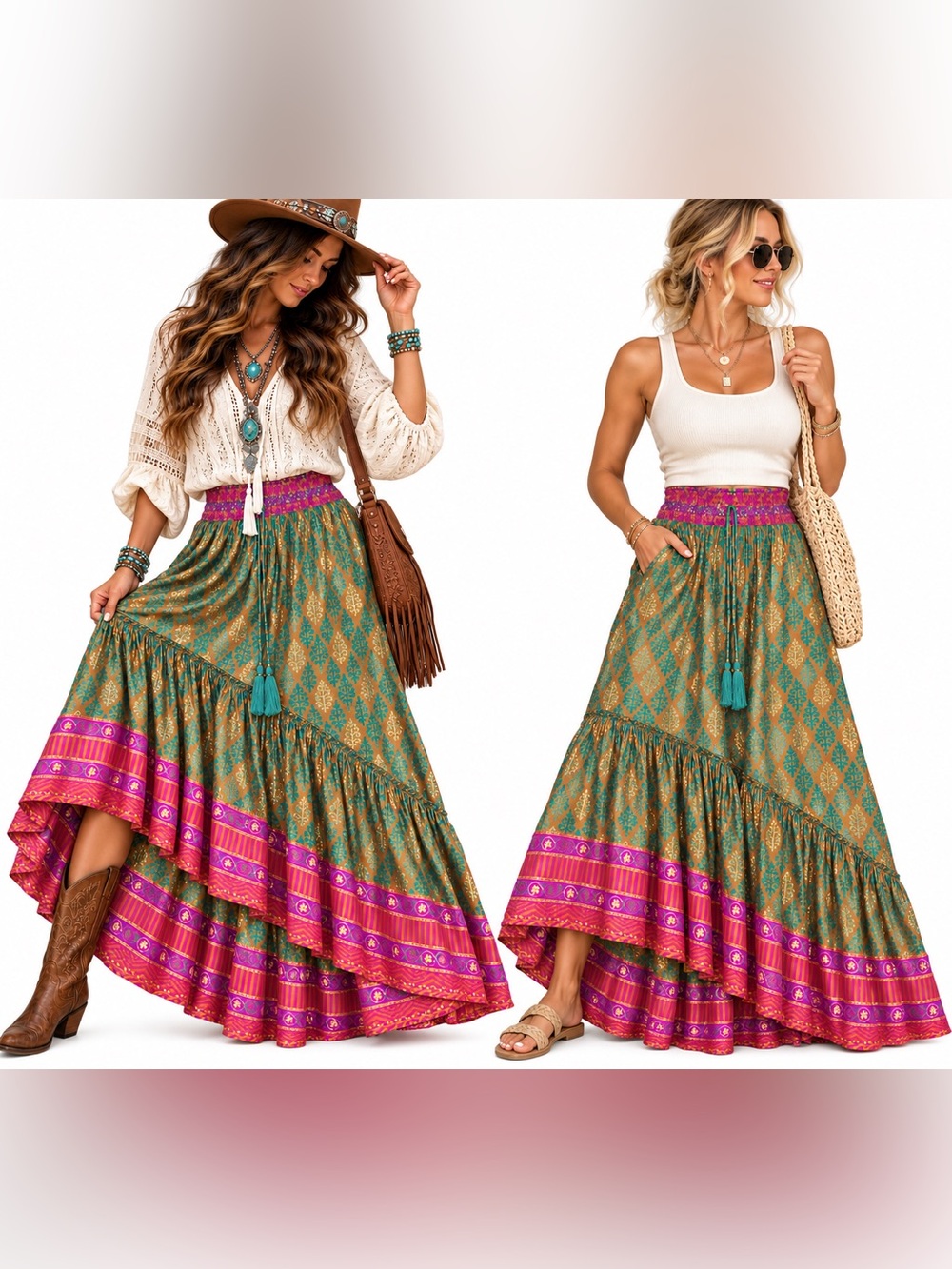 India Boutique Boho satin high smocked in Teal Gold Pink Purple full skirt